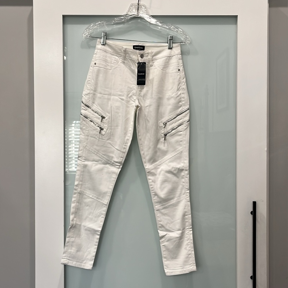 BEBE White Y2K Patch Pocket Pants Zippered Retro Slim Spandex, Size 26